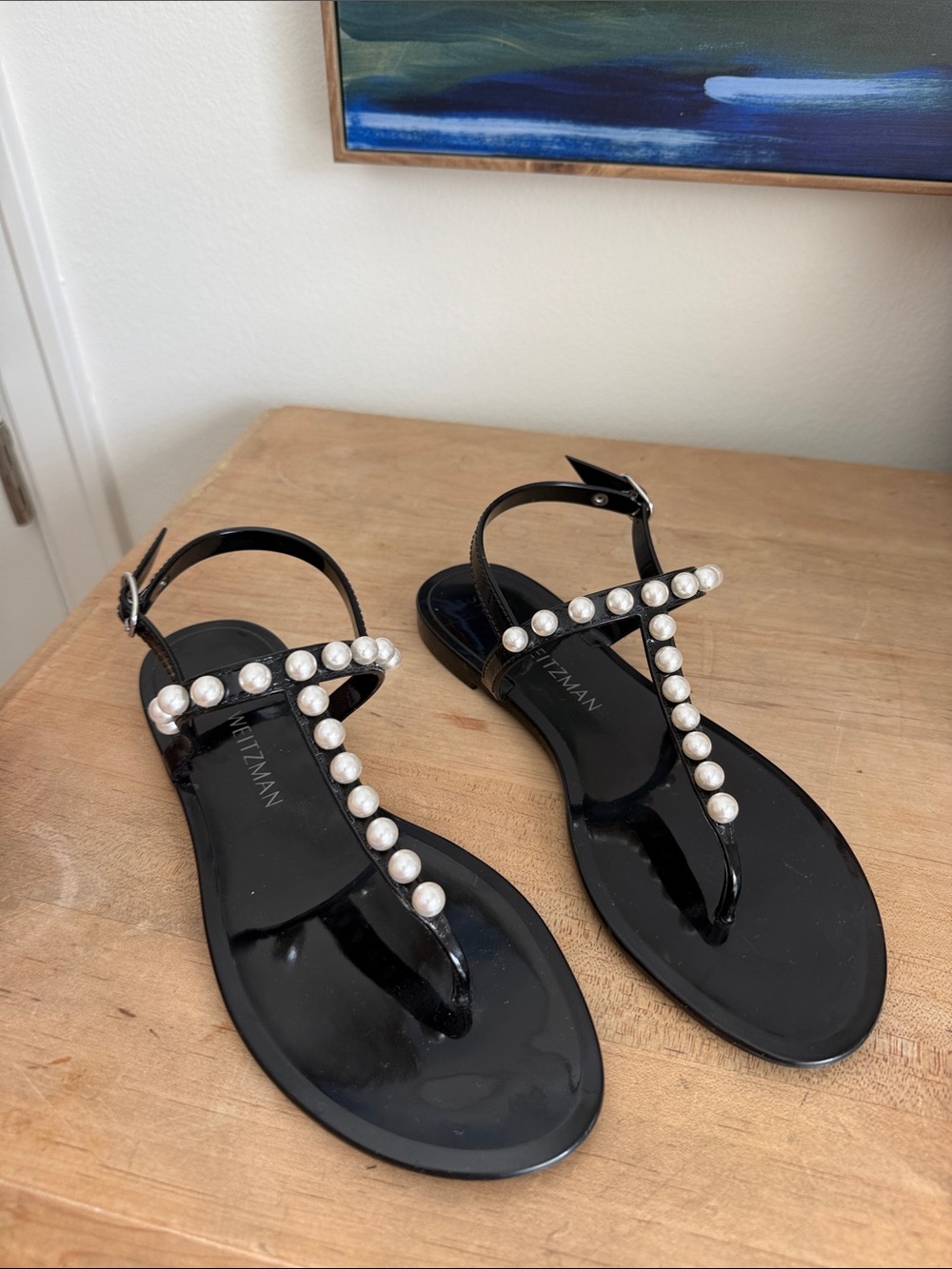 Stuart Weitzman Black Patent Pearl T-Strap Sandals with Faux Pearls